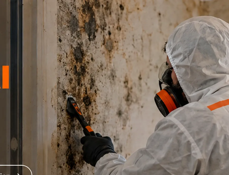 Specialist assessing moisture damage near a discolored wall